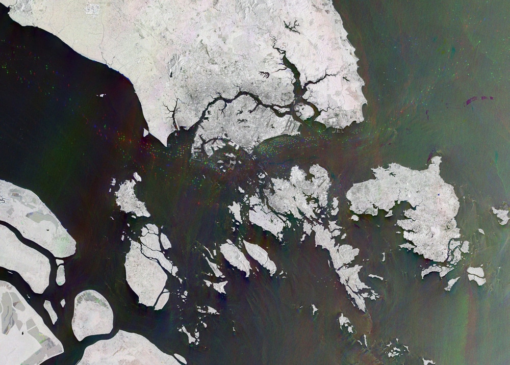 The city-island-nation Singapore – and one of the busiest ports in the world – seen in a radar image captured by the Copernicus Sentinel-1 mission (European Space Agency)
