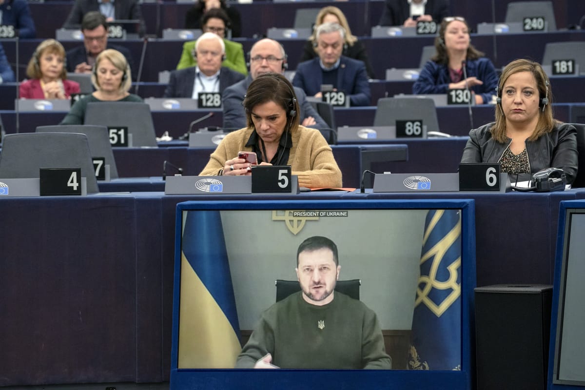 Ukrainian President Volodymyr Zelenskyy addressing the European Parliament last month after the award of the Sakharov Prize to the Ukrainian people (© European Union 2022)