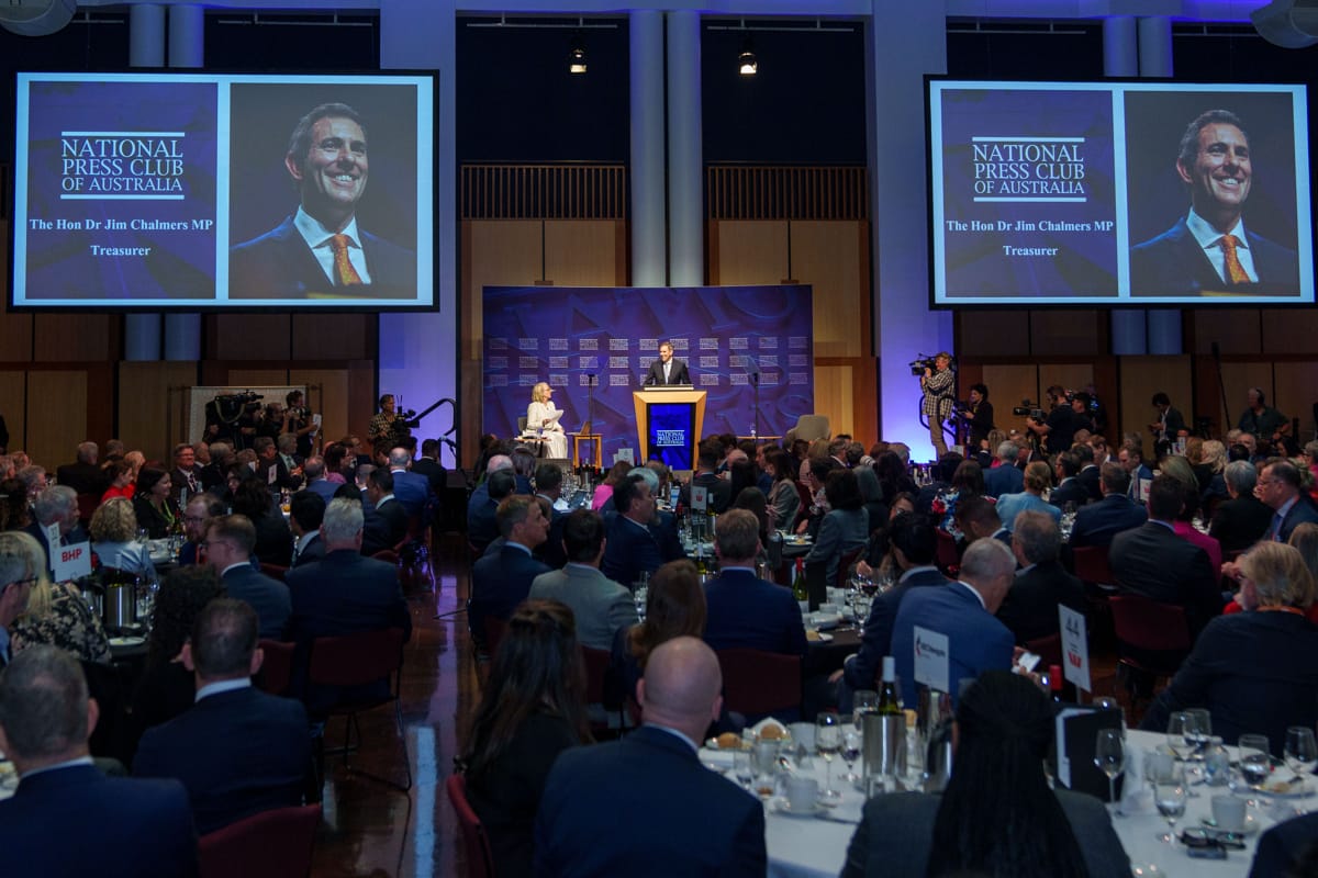 Treasurer Jim Chalmers addressing the Press Club on 15 May (@AlboMP/X)