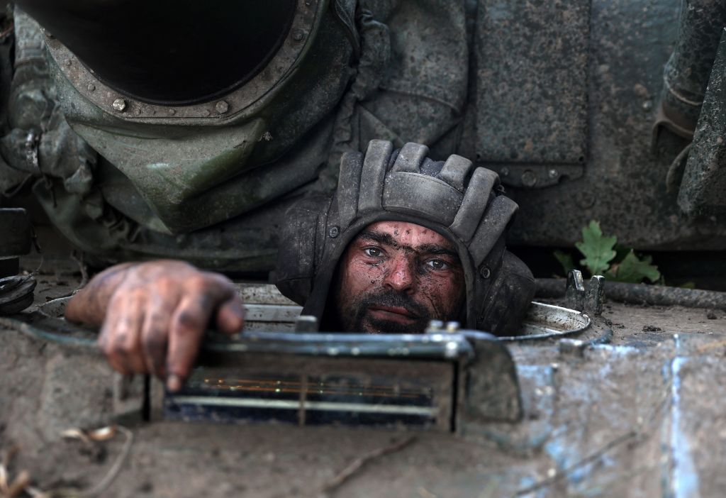 A Ukrainian tank driver at the front line in the Donetsk region on 19 August amid Russia’s invasion (Anatolii Stepanov/AFP via Getty Images)