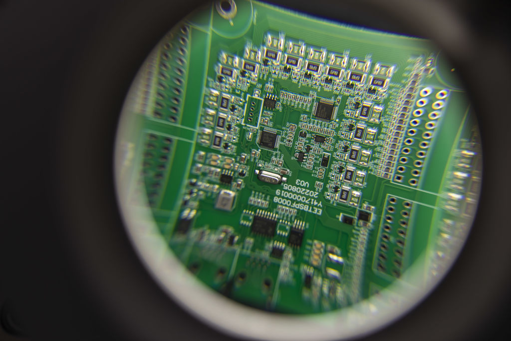 An integrated circuit board at the Smart Pioneer Electronics Co. factory in Suzhou, China (Qilai Shen/Bloomberg via Getty Images)
