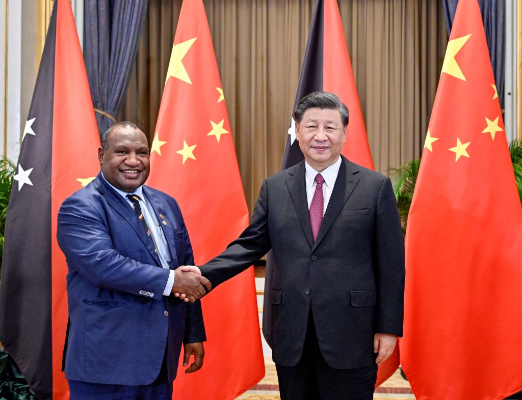 Marape and China's Xi in Bangkok on the sidelines of the APEC summit (Yin Bogu/Xinhua via Getty Images)