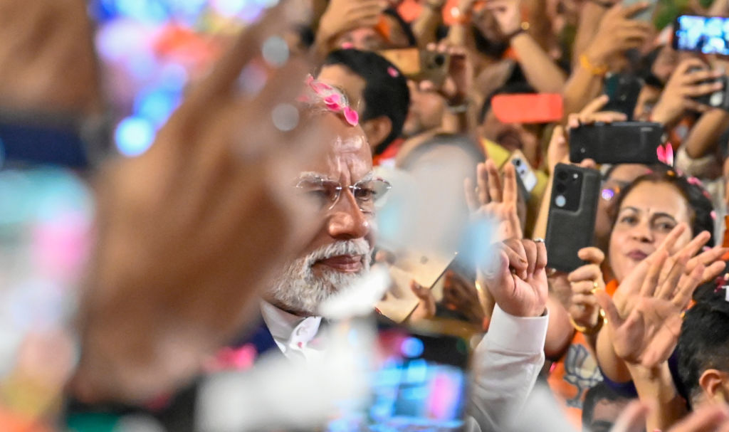 Prime Minister Narendra Modi during celebration at BJP HQ as the 2024 results are announced (Raj K Raj/Hindustan Times via Getty Images)