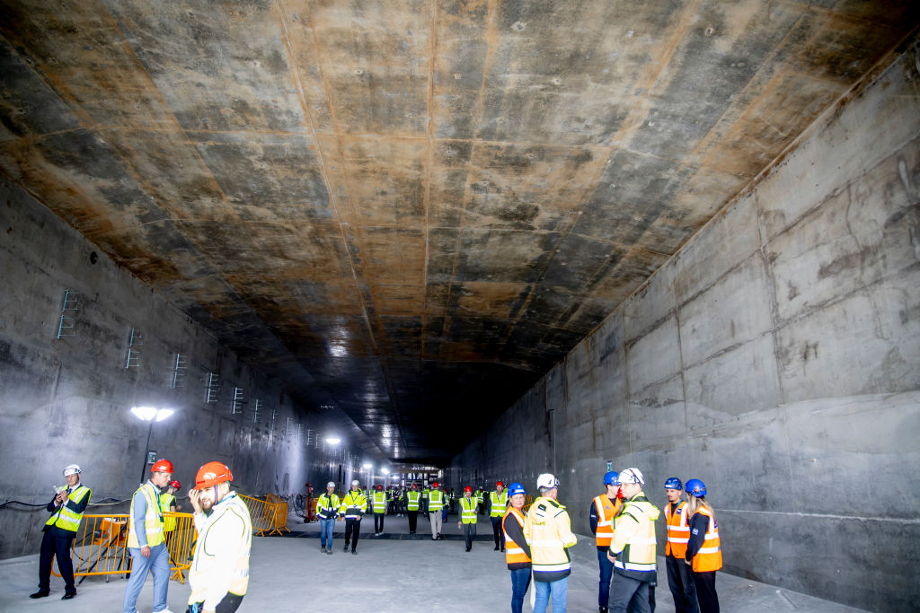 The first tunnel element at the Fehmarn Belt tunnel construction site at Roedbyhavn in June 2024 (Photo by Ingrid Riis via AFP/Getty Images)