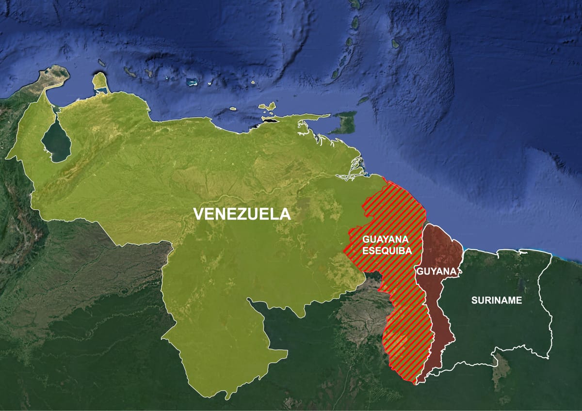 Satellite map showing the region of Guayana Esequiba that Venezuela has claimed from Guyana (Wikimedia Commons/CC BY-SA 4.0 DEED)