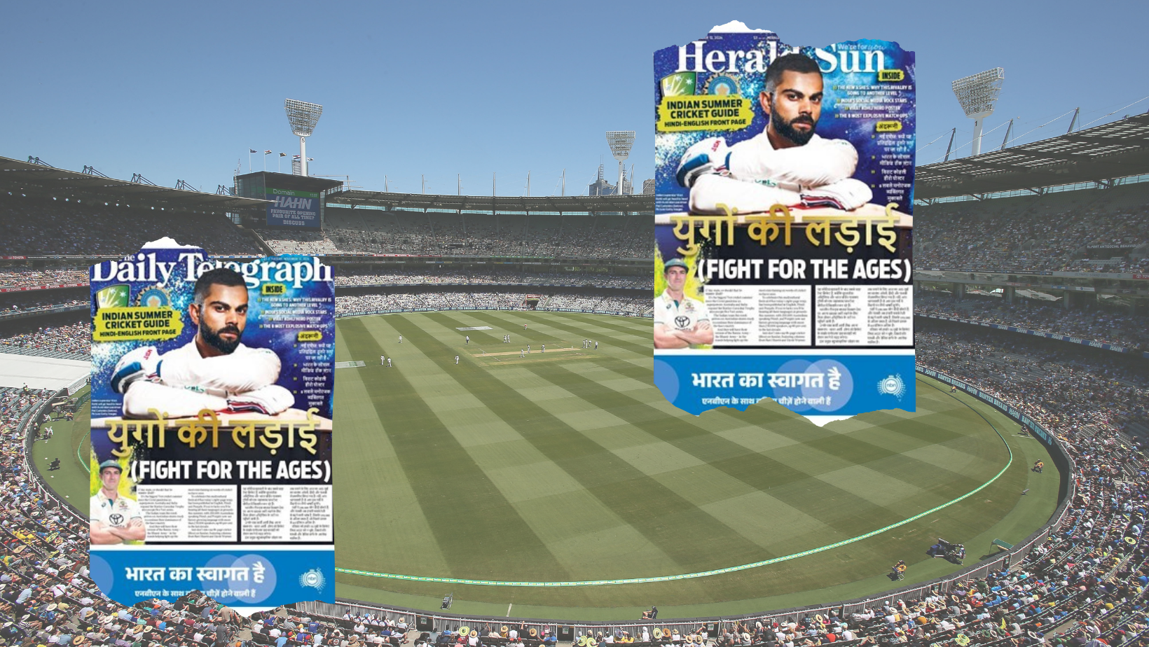 Front pages of the Herald Sun and Daily Telegraph featuring English and Hindi transposed over a photo of a 2018 Boxing Day test at the MCG (Scott Barbour/Cricket Australia via Getty Images)