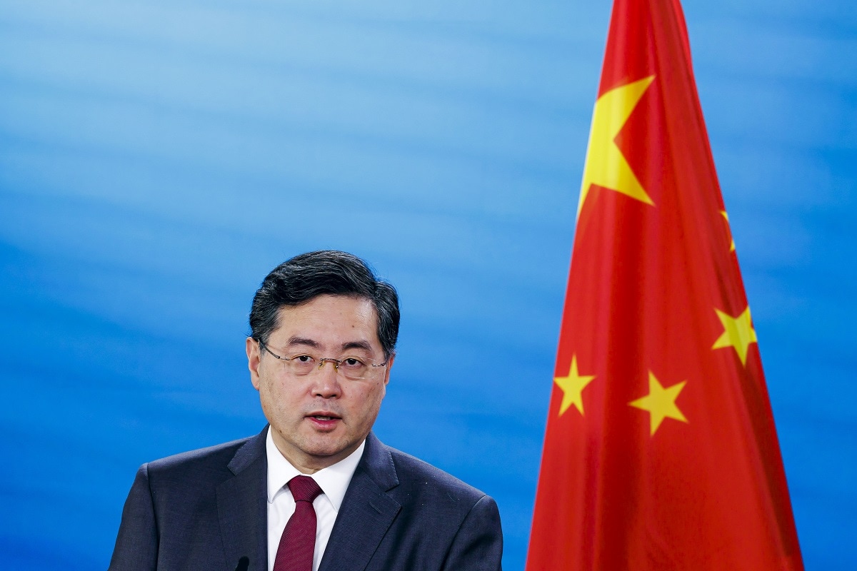 BERLIN, GERMANY - MAY 09: China's Foreign Minister Qin Gang speaks to the media after his meeting with Annalena Baerbock, German Foreign Minister on May 09, 2023 in Berlin, Germany. (Photo by Thomas Trutschel/Photothek via Getty Images)