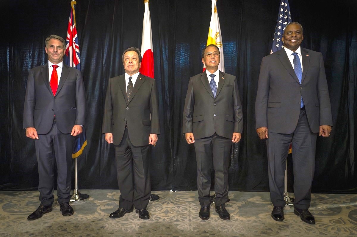 Australian Deputy Prime Minister and Minister for Defence Richard Marles; Japanese Defense Minister Yasukazu Hamada; Philippine Senior Undersecretary and Officer in Charge of the Department of National Defense Carlito Galvez and Secretary of Defense Lloyd J. Austin III pose for a group photo prior to their quad-lateral meeting at the International Institute for Strategic Studies (IISS) 20th Shangri-La Dialogue in Singapore, June 3, 2023. While in Singapore Secretary Austin has met with key leaders to advance U.S. defense partnerships across the region in support of our shared vision for a free and open Indo-Pacific, anchored in ASEAN centrality.(DoD photo by Chad J. McNeeley)