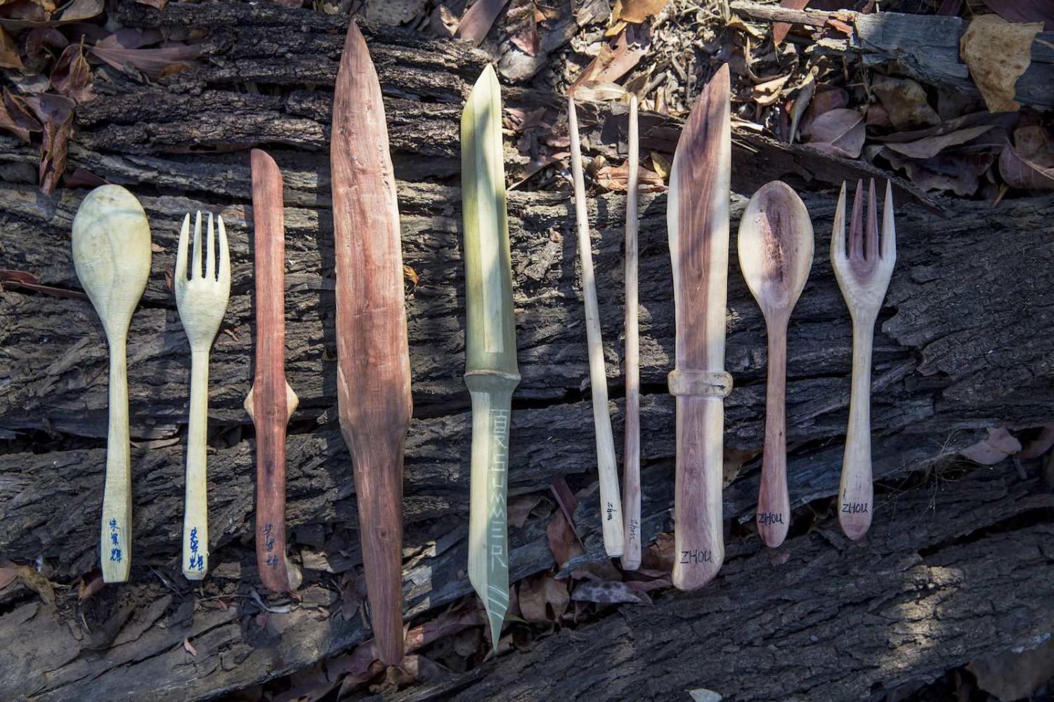 Eating utensils hand carved by Australian Army, US Army, US Marine Corps and Chinese People’s Liberation Army troops during joint training Exercise Kowari 2016 in the Northern Territory (Photo: Defence Department)