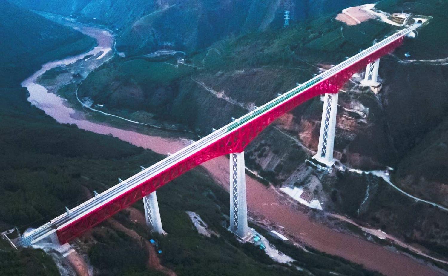 The China-Laos Railway line crossing the Yuanjiang River in southwest China’s Yunnan Province, built as part of China’s flagship Belt and Road Initiative (Wang Guansen/Xinhua via Getty Images)
