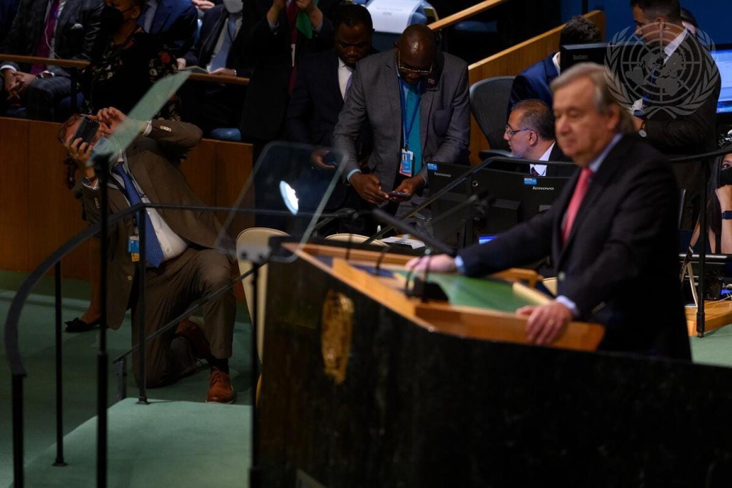 UN Secretary-General António Guterres speaks at the opening of seventy-seventh session of the General Assembly Debate on Theme: “A watershed moment: transformative solutions to interlocking challenges” (Loey Felipe/UN Photo)