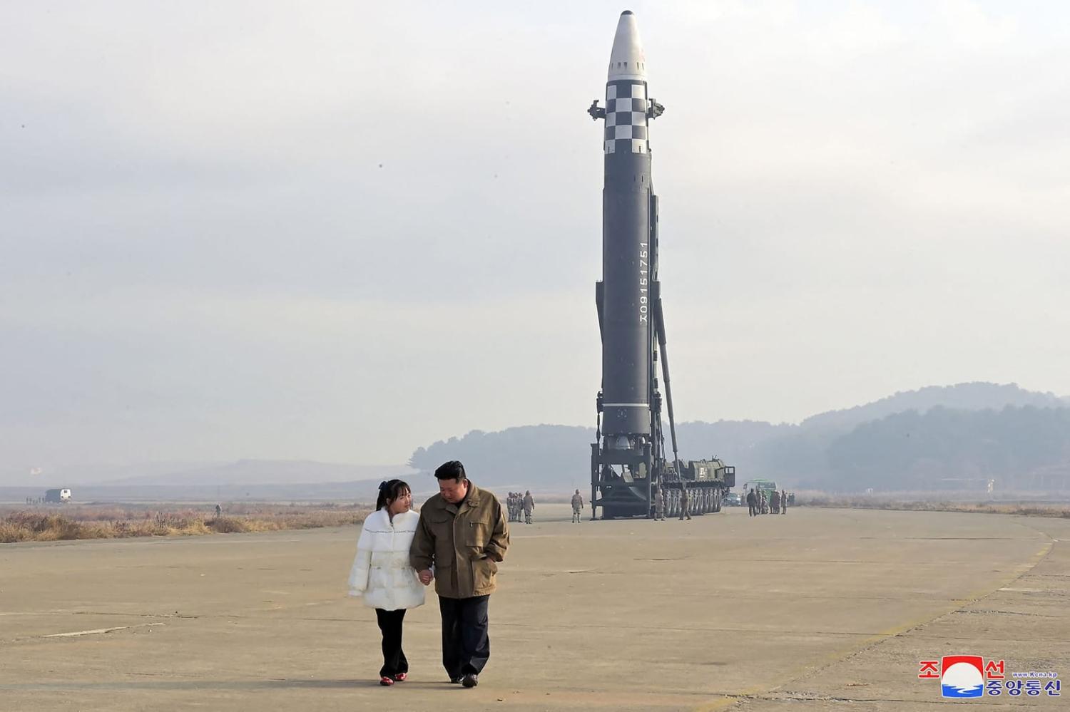 The choice to share a photo of him and his daughter in a military setting seems a hint that this is about more than Kim Jong-un’s own image (Images released by North Korean state media KCNA)