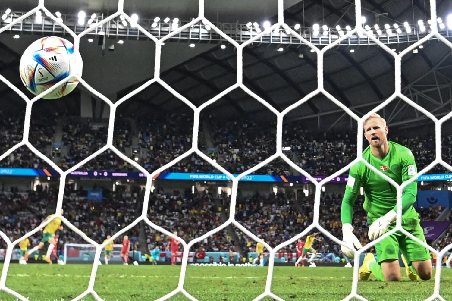 The moment forward Mathew Leckie scored in what was the only goal in Australia's win over Denmark at the Qatar 2022 World Cup (Paul Ellis/AFP via Getty Images)