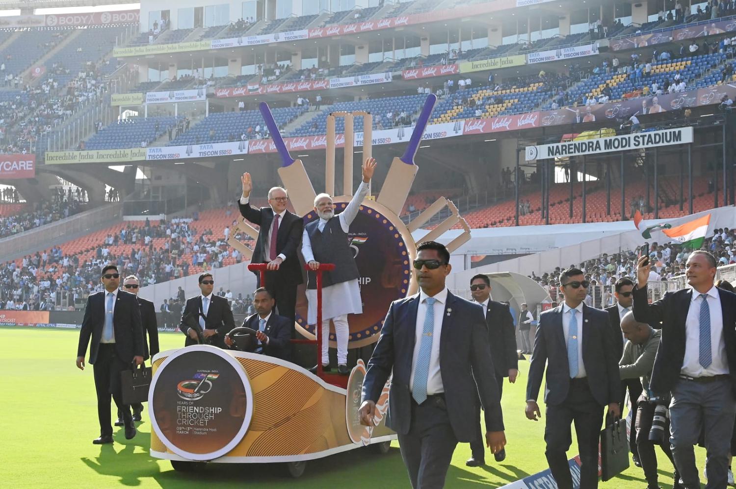 Australian Prime Minister Anthony Albanese and India's Narendra Modi ahead of the India vs Australia 4th Test match at the Narendra Modi Stadium in Ahmedabad, India, on Thursday, 8 March 2023 (Prakash Singh/Bloomberg via Getty Images)