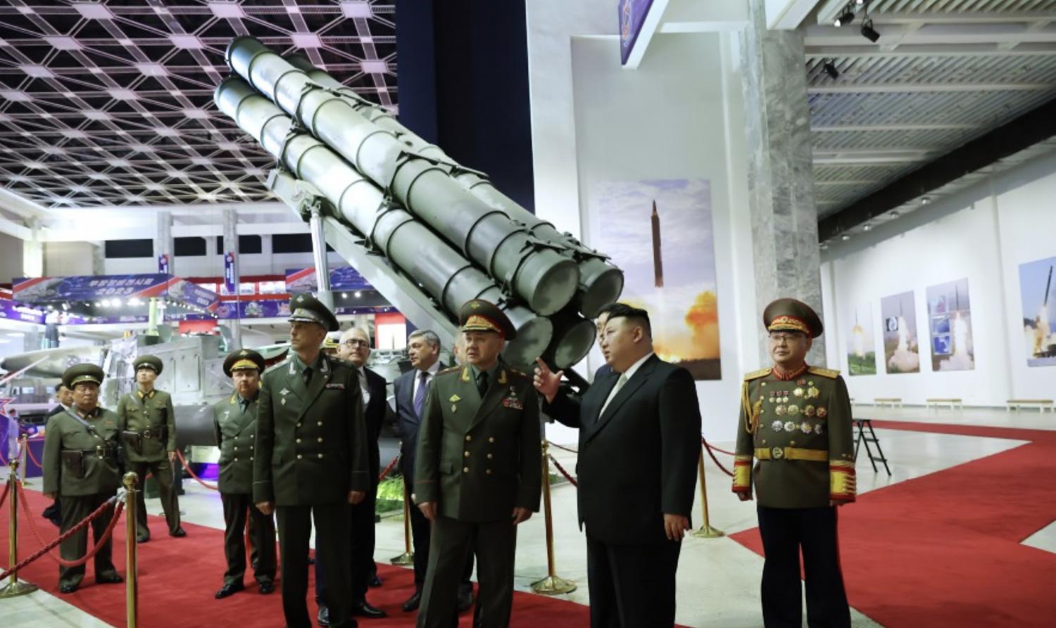North Korean leader Kim Jong-un and Russian Defence Minister Sergei Shoigu at a North Korean arms exhibition, July 2023 (API/Getty Images)