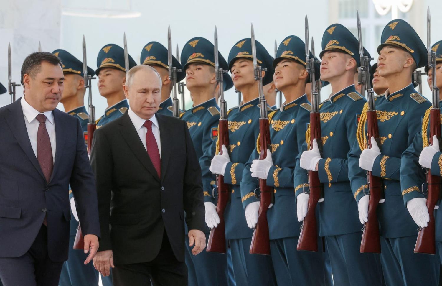 Russia's President Vladimir Putin and his Kyrgyz counterpart Sadyr Japarov during talks in Bishkek, 12 October 2023 (Sergei Karpukhin via AFP/Getty Images)