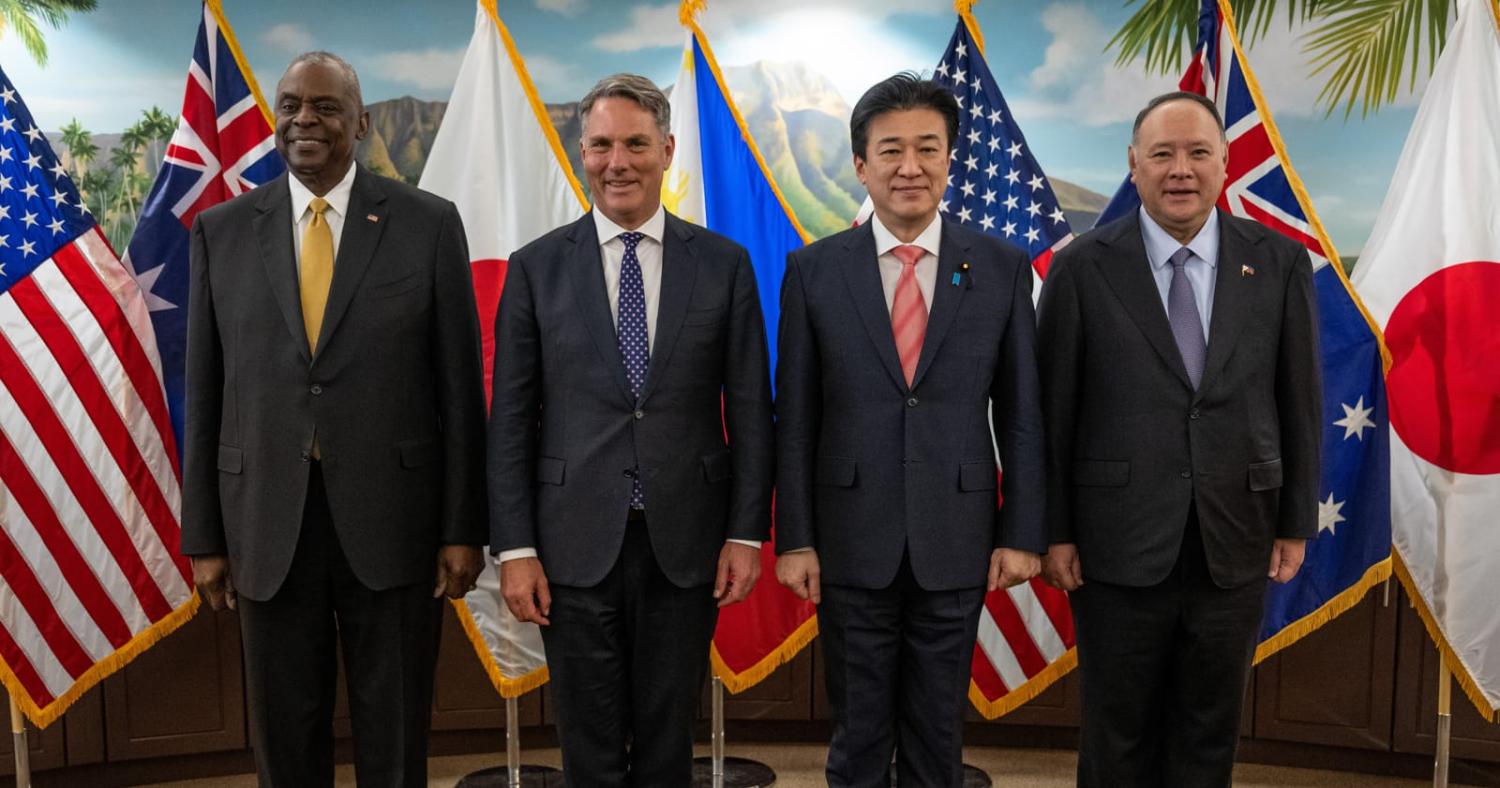 US Secretary of Defence Lloyd Austin hosts Australia's Defence Minister Richard Marles, Japanese Defence Minister Kihara Minoru, and Philippines Secretary of National Defence Gilbert Teodoro in Hawaii, 2 May 2024 (Jack Sanders/US Secretary of Defense)