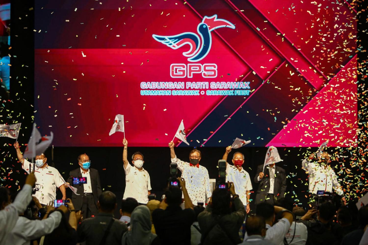 Celebrating victory for GPS in the Sarawak state elections 2021 (Abdul Hakim/AFP via Getty Images)