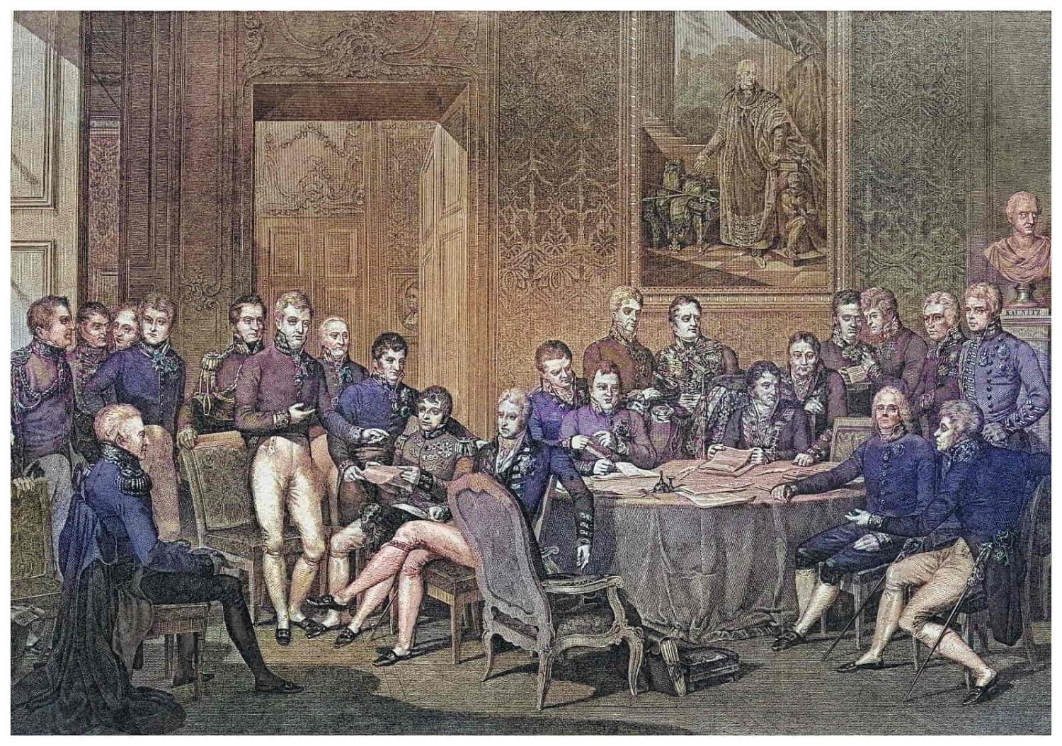 The Congress of Vienna of 1814–1815, an international diplomatic conference to reconstitute the European political order after the downfall of the French Emperor Napoleon (Getty Images)