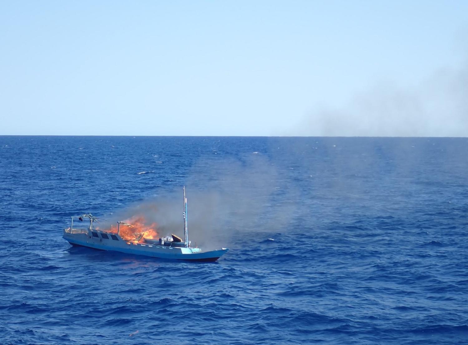One of three vessels destroyed this month by Maritime Border Command off the coast of Western Australia (Australian Border Force/Facebook)