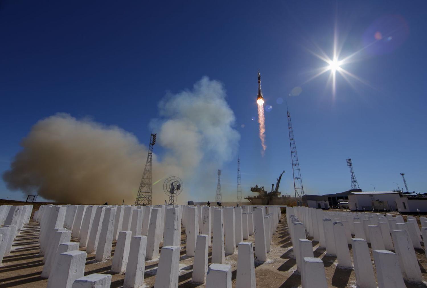 The US and Russia are at loggerheads over counterspace weapons, but in 2018 launched a joint mission on a Soyuz MS-10 spacecraft (NASA HQ PHOTO/Flickr)