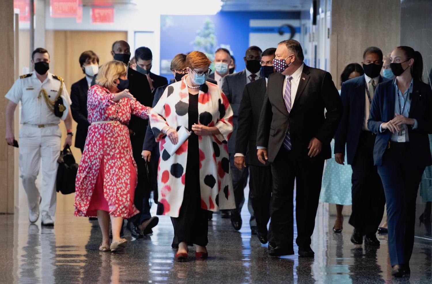 Australian Foreign Minister Marise Payne (centre) with US Secretary of State Mike Pompeo (right) during the 2020 AUSMIN consultations in Washington, 28 July (US Secretary of Defense/Flickr)