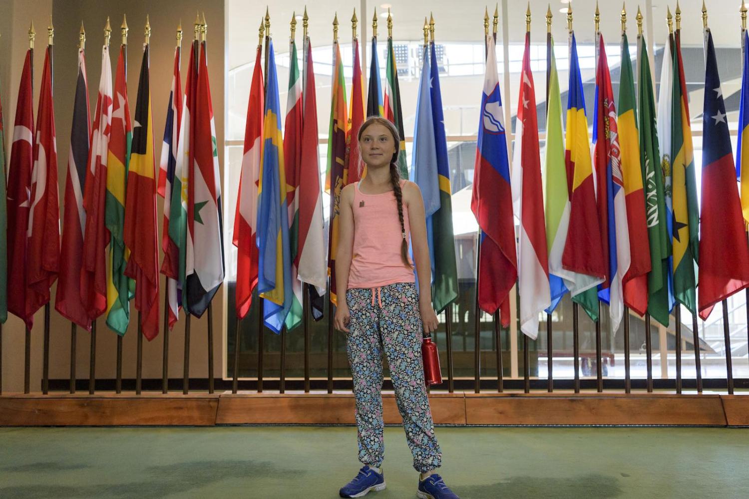 Greta Thunberg, climate activist from Sweden, poses outside of the General Assembly Hall at UN headquarters in New York (Photo: Manuel Elias/United Nations)