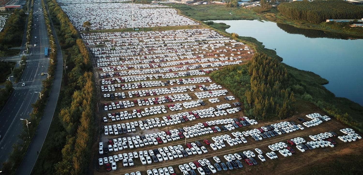 Aerial view of new cars lined up earlier this month in China's Liaoning Province (Photo by VCG/VCG via Getty Images)