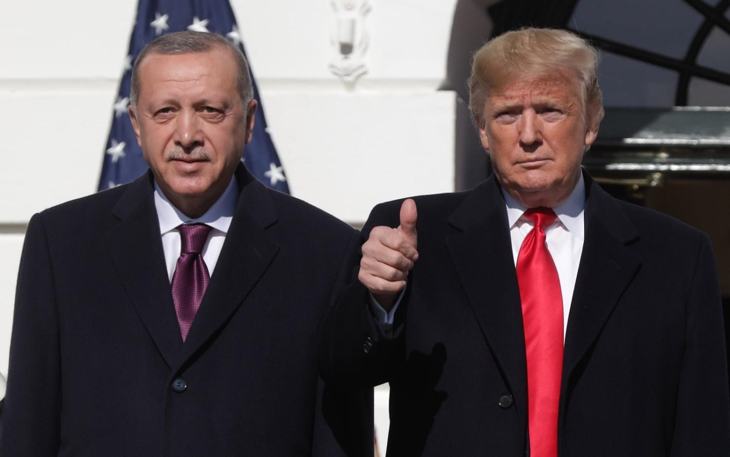 A thumbs-up for Turkish President Recep Tayyip Erdogan upon his arrival at the White House, 13 November (Photo: Alex Wong/Getty Images)
