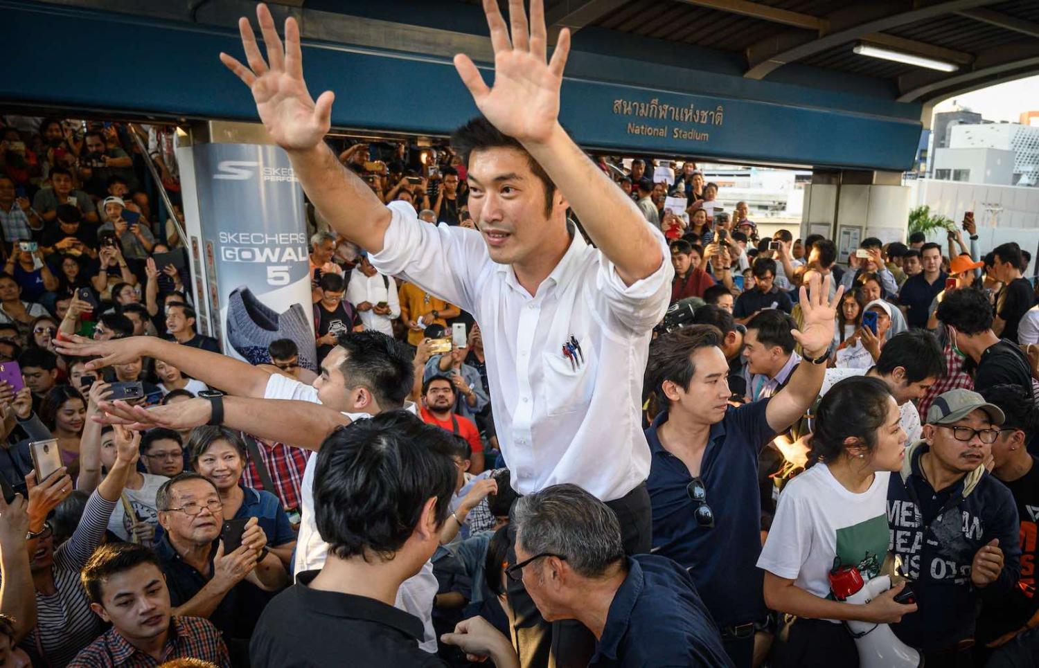 Thanathorn Juangroongruangkit at an unauthorised Future Forward “flash mob” rally in December 2019 in Bangkok (Mladen Antonov/AFP via Getty Images)