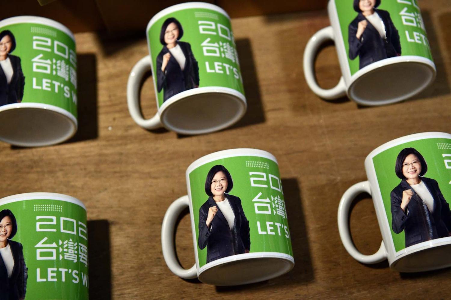 Tsai Ing-Wen–branded mugs are displayed for sale after her re-election as President of Taiwan, Taipei, 11 January (Photo: Carl Court/Getty Images)
