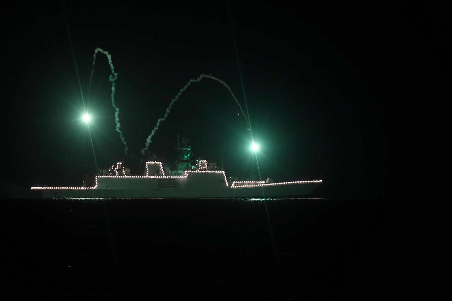 An Indian navy ship off Chennai in May pays tribute to people fighting the spread of Covid-19 coronavirus (Arun Sankar/AFP/Getty Images)