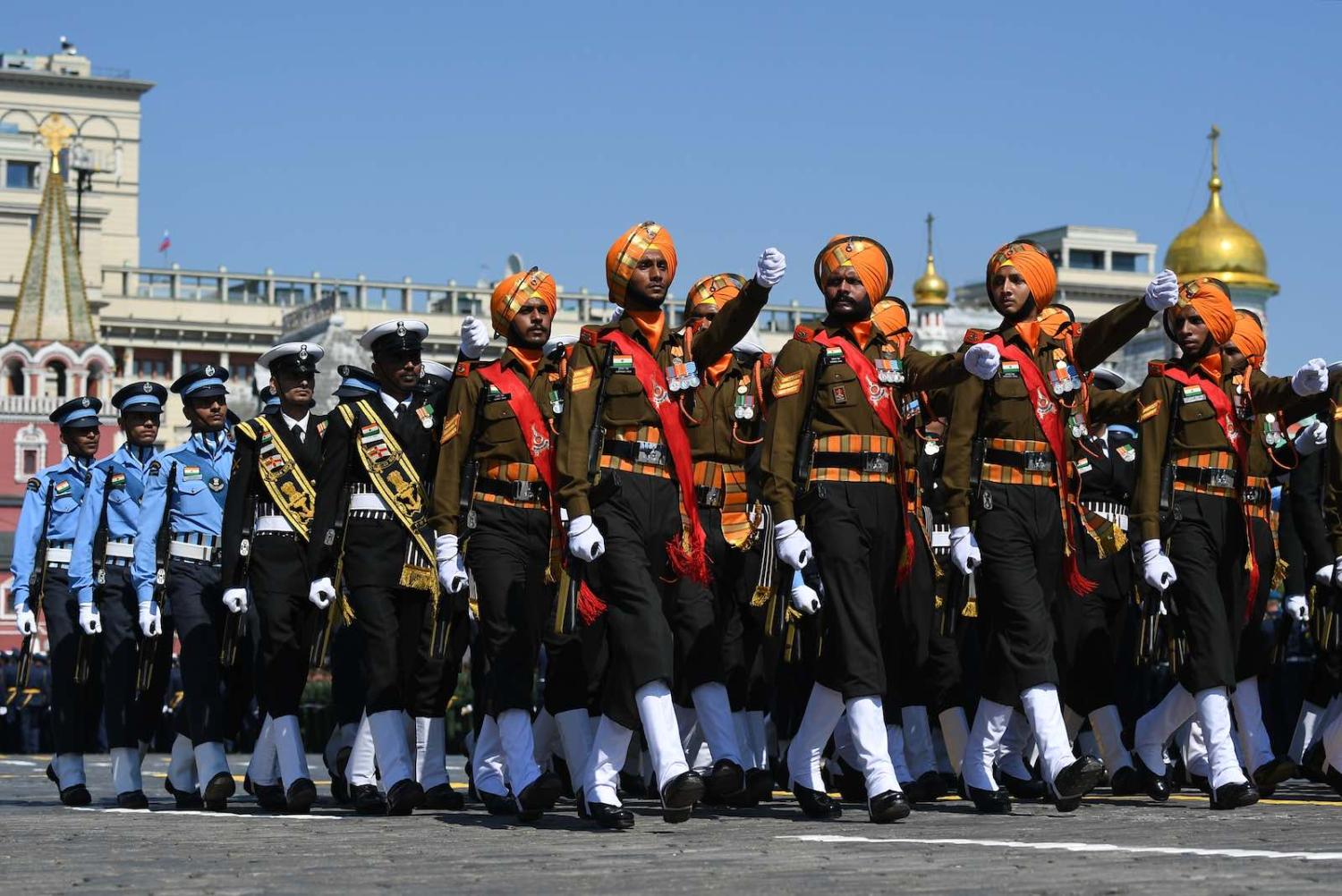 Servicemen of the Armed Forces of India march during a Victory Day military parade in Red Square marking the 75th anniversary of the victory in Second World War on 24 June 2020 in Moscow, Russia (Ramil Sitdikov via Getty Images)