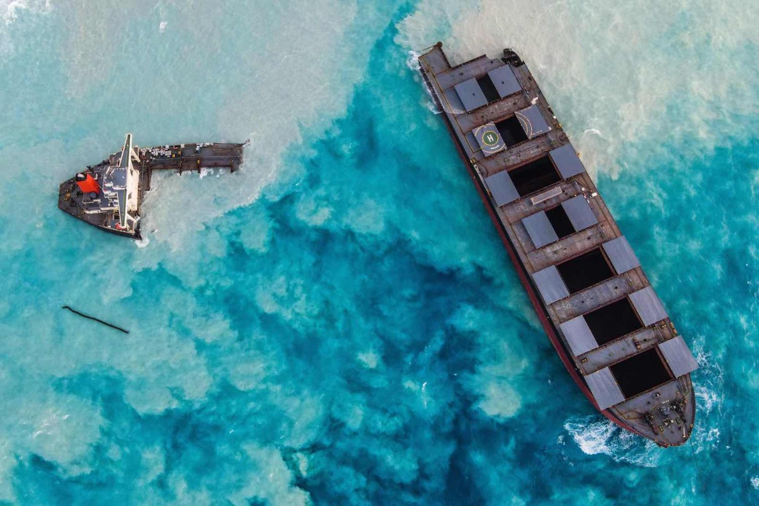 The Japanese-owned bulk carrier MV Wakashio which ran aground last month and broke apart near Blue Bay Marine Park, Mauritius (AFP via Getty Images)