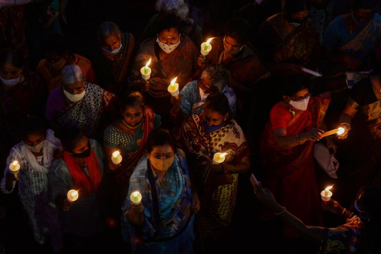 A protest to condemn the gang rape and murder of a 19-year-old Dalit woman in Bool Garhi village of Uttar Pradesh state, in Chennai on 5 October 2020 (Photo by Arun Sankar/AFP via Getty Images)