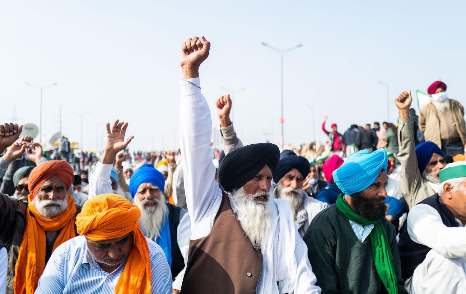 Farmers blocking a Ghazipur highway at the Delhi-Uttar Pradesh state border on 14 December to protest recent agricultural reforms (Jewel Samad/AFP via Getty Images)