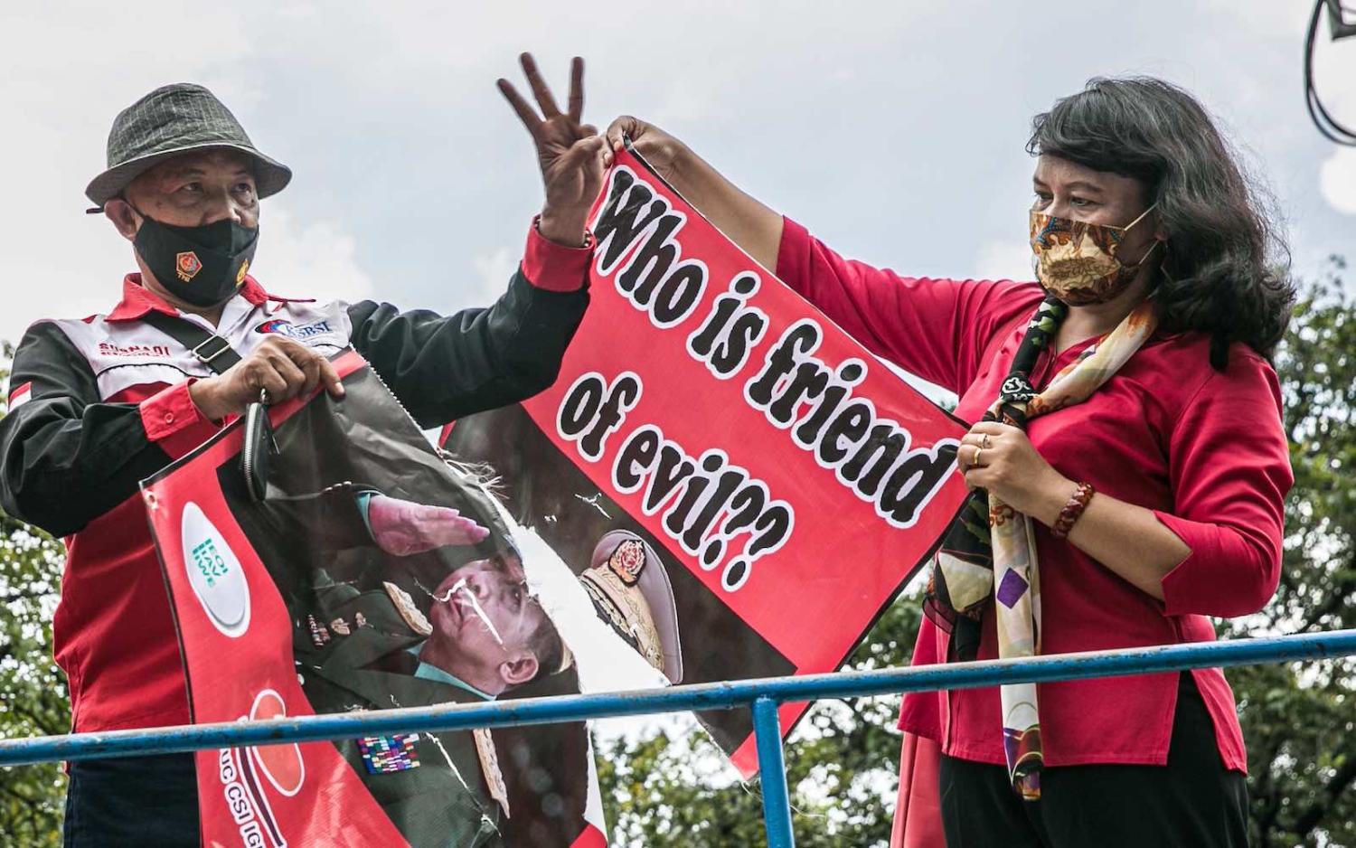 Indonesian labor activists protest outside the Embassy of Myanmar in Jakarta, Indonesia, 10 March  (Jepayona Delita/Jefta Images/Barcroft Media via Getty Images)