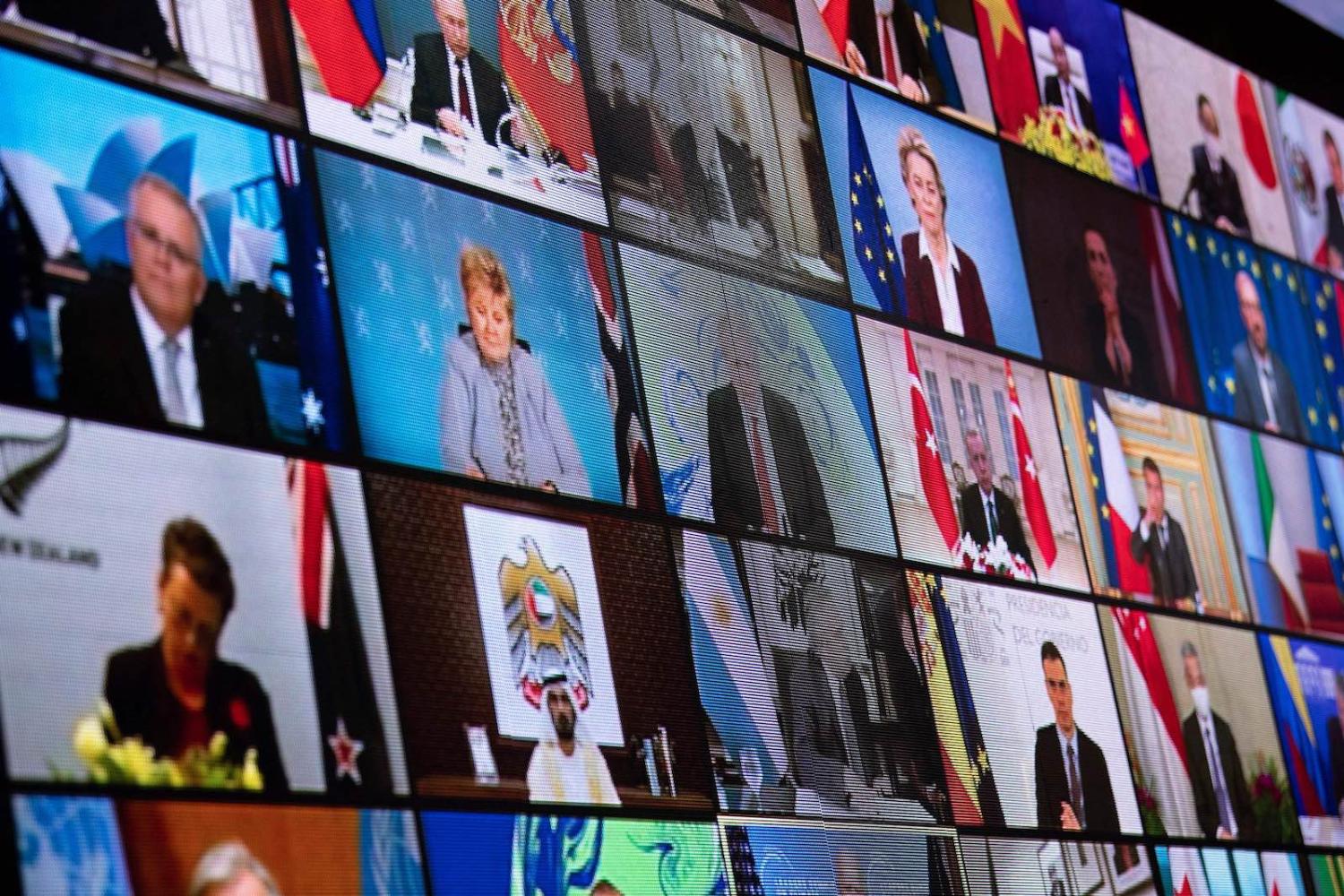 World leaders during a climate change virtual summit from the East Room of the White House (Brendan Smialowski/AFP via Getty Images)