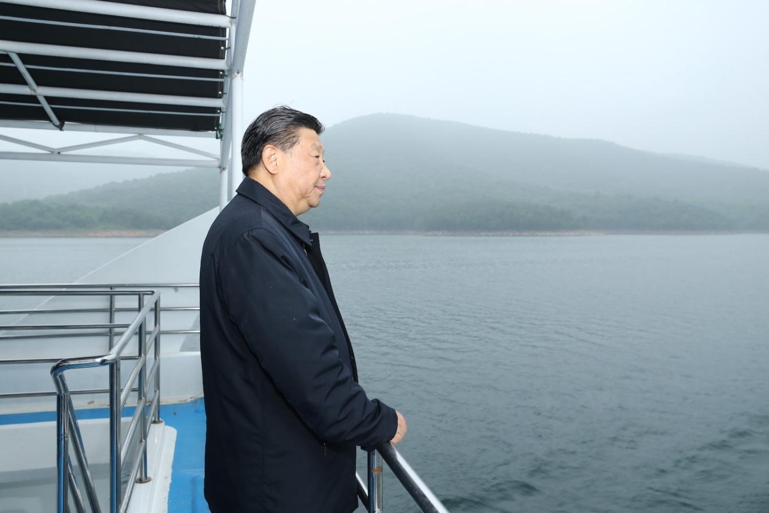 Chinese President Xi Jinping inspects the Danjiangkou Reservoir in Xichuan County, Nanyang, central China's Henan Province, 13 May 2021 (Ju Peng/Xinhua via Getty Images)