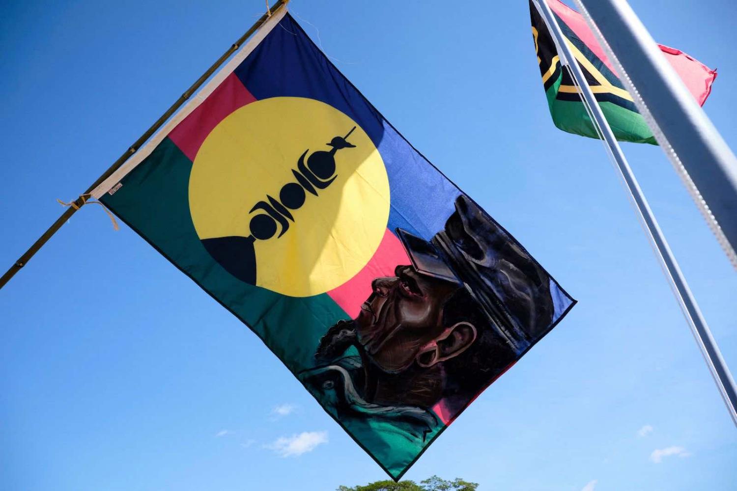 An independence flag picturing the Kanak chief Atai, in La Foa in the French Pacific territory of New Caledonia (Theo Rouby/AFP via Getty Images)