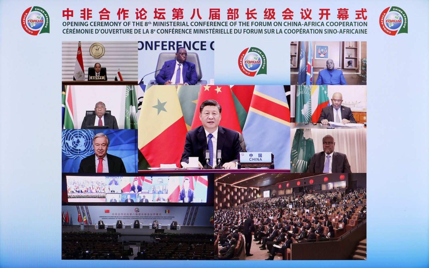 China’s President Xi Jinping speaking at the opening of the Forum on China-Africa Cooperation via video link from Beijing (Liu Bin/Xinhua via Getty Images)