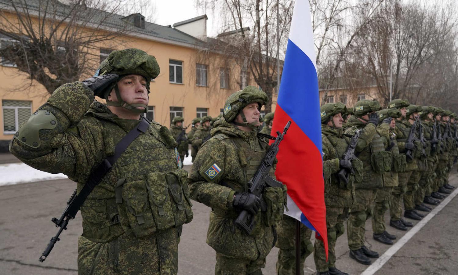 Soldiers at a ceremony in Kazakhstan in January to mark the gradual withdrawal of troops deployed under the auspices of the Collective Security Treaty Organisation following local unrest (Pavel Pavlov/Anadolu Agency via Getty Images)