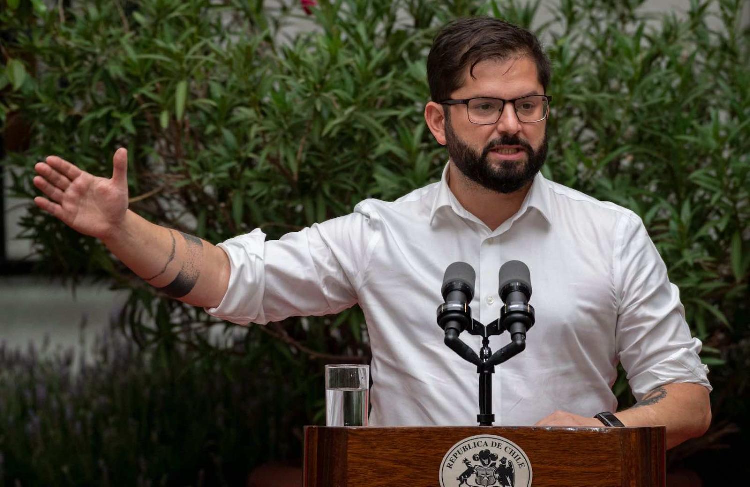Chilean President Gabriel Boric holds a press conference with the international press at La Moneda Presidential Palace in Santiago (Martin Bernetti/AFP via Getty Images)
