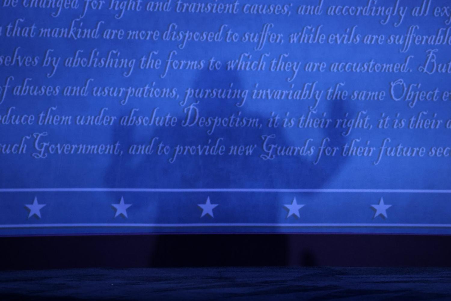 President Donald Trump’s shadow on the text of the Declaration of Independence, Cleveland, Ohio, 29 September 2020 (Scott Olson/Getty Images)