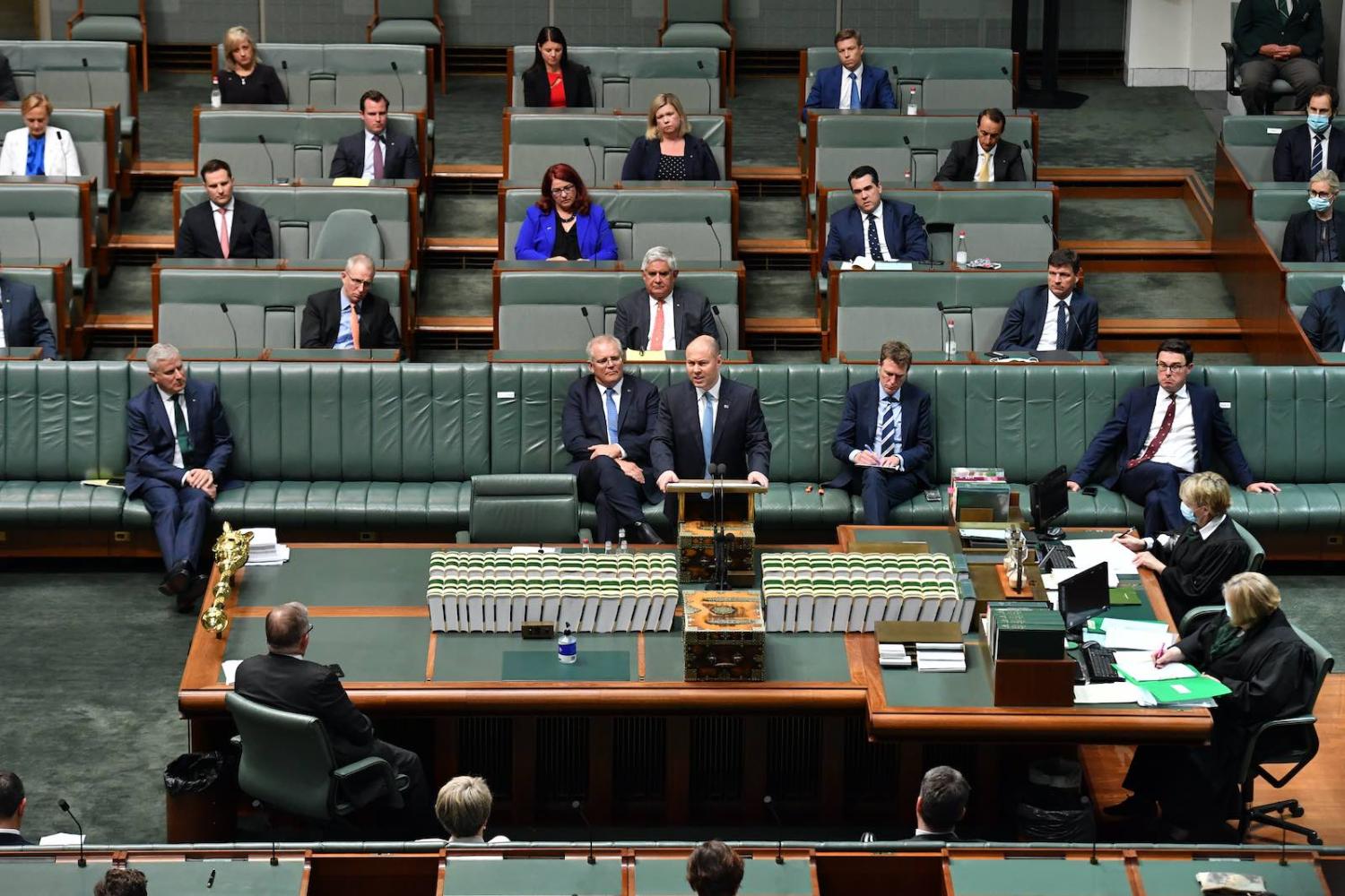 Treasurer Josh Frydenberg delivers his speech on the 2020–21 budget in the House of Representatives, 6 October 2020 in Canberra (Sam Mooy/Getty Images)