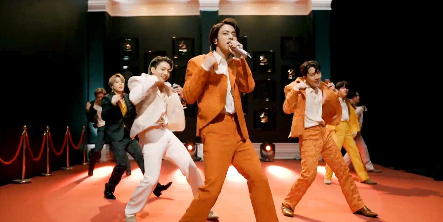 K-pop boy band BTS, in a screengrab from the 2021 Grammy Awards broadcast (Theo Wargo/Getty Images for The Recording Academy)