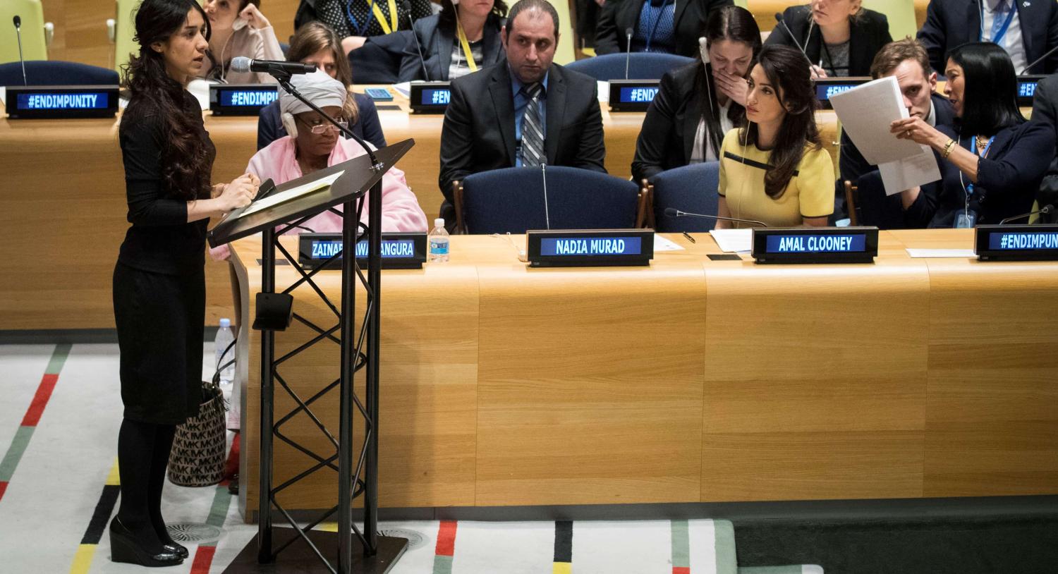 Yazidi activist Nadia Murad speaking at the UN, March 2017 (Photo: Drew Angerer/Getty Images)