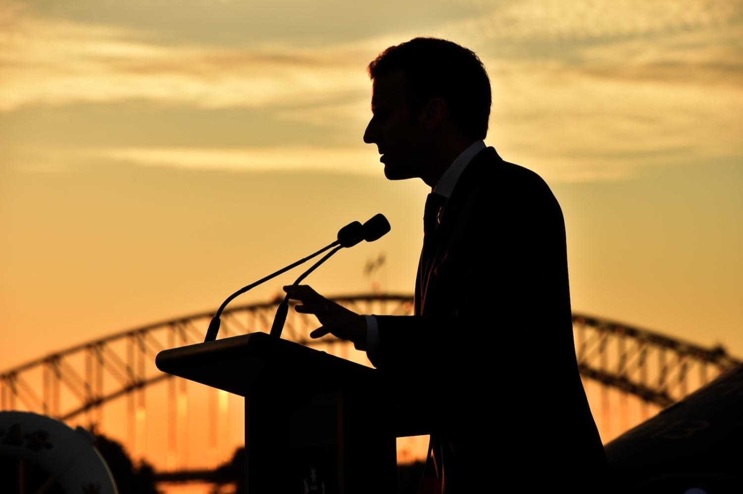 French President Emmanuel Macron delivers a speech onboard HMAS Canberra in Sydney on 2 May 2018 (Peter Parks/AFP via Getty Images)