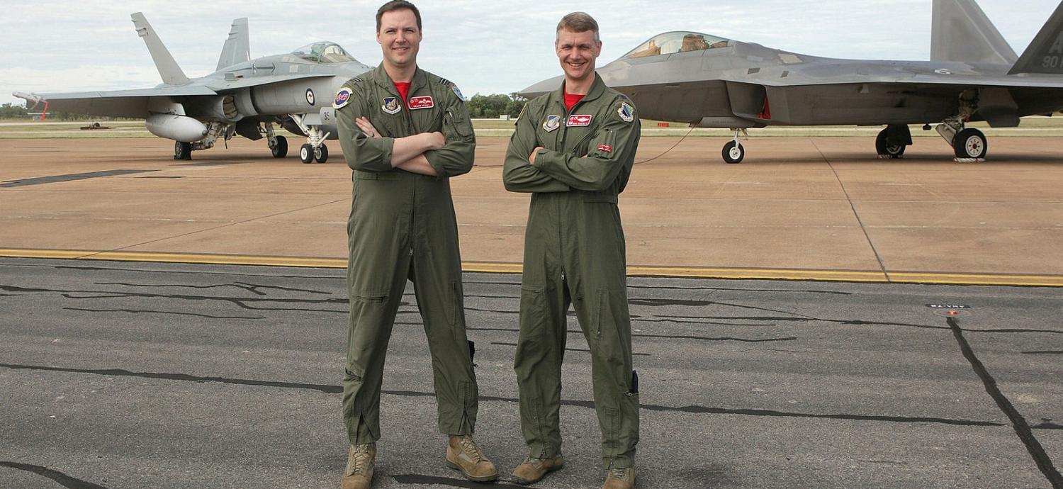 Ft Lt William Grady, 90th Fighter Squadron USAF (left) and USAF Lt Cnl David Skalicky  (Photo: Aust Defence Image Library)