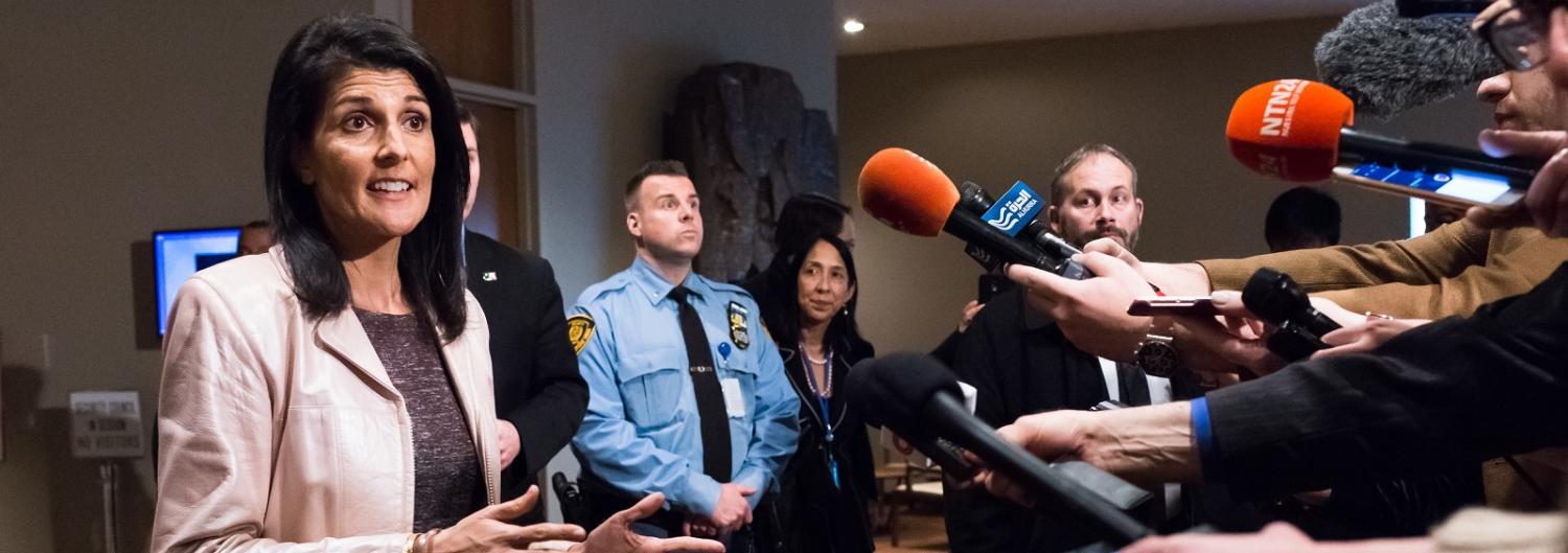US Ambassador to the UN Nikki Haley after UN Security Council consultation on the Iranian missile test. (Photo: Getty Images)